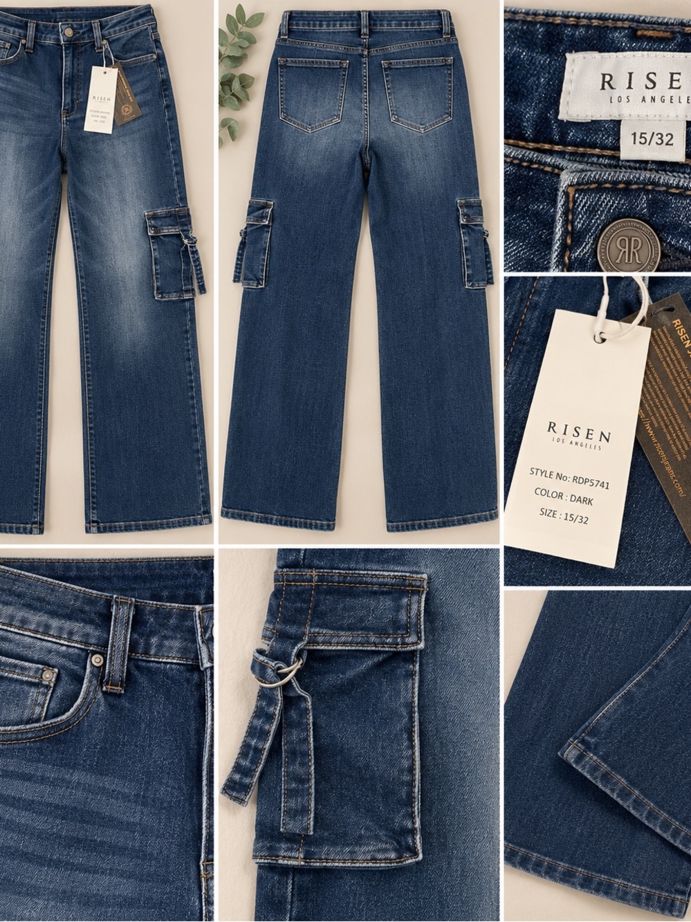 RISEN Dark Blue Bootcut Cargo Jeans